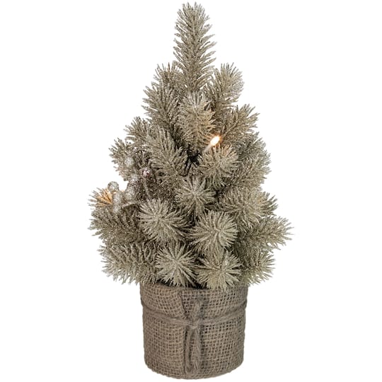 10.25" Pre-Lit Metallic Glitter Artificial Potted Christmas Tree with Burlap Base, Clear LED Lights